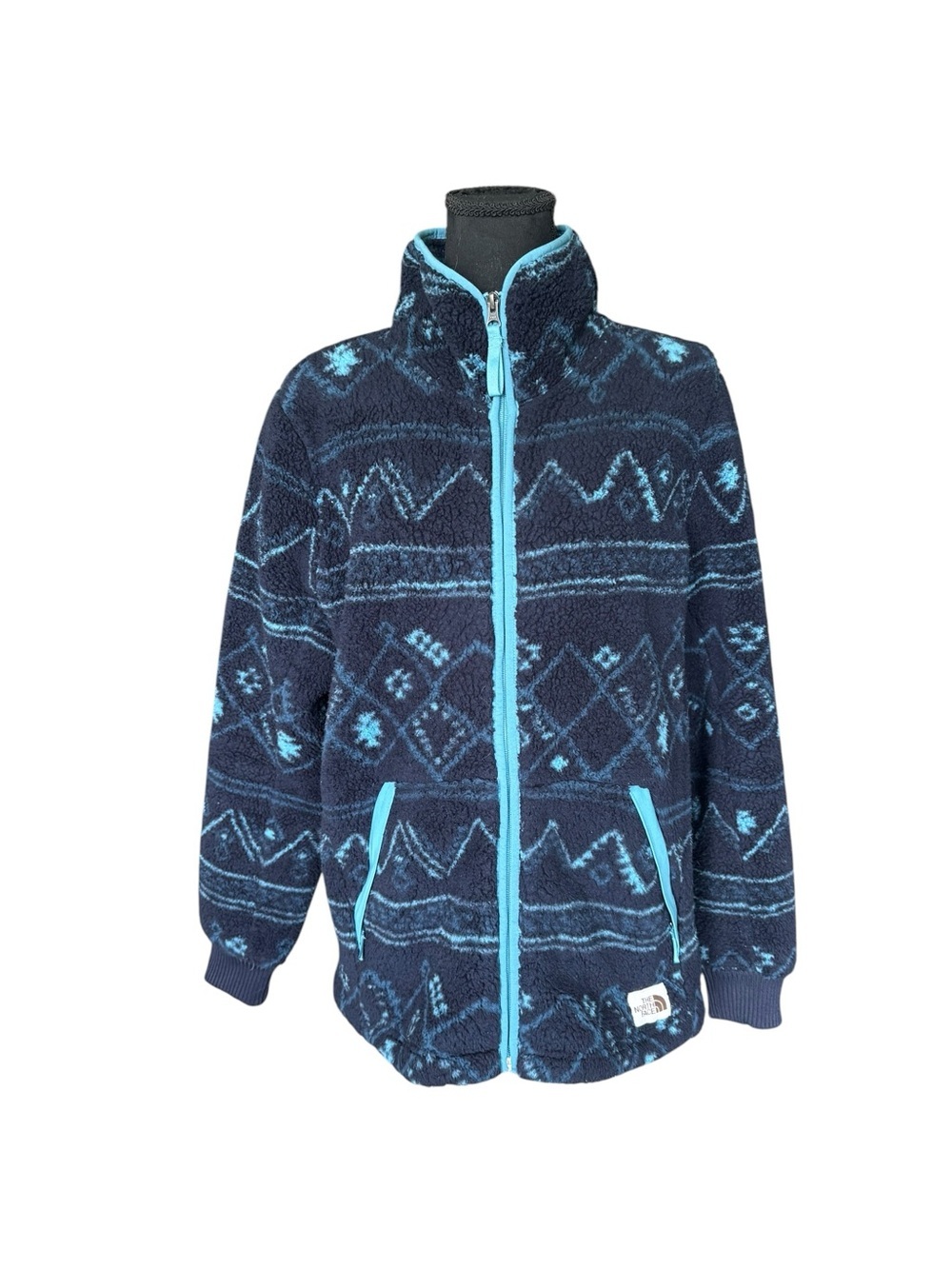 The North Face Women’s Large Sherpa Fleece Jacket Blue Aztec Full Zip Cozy